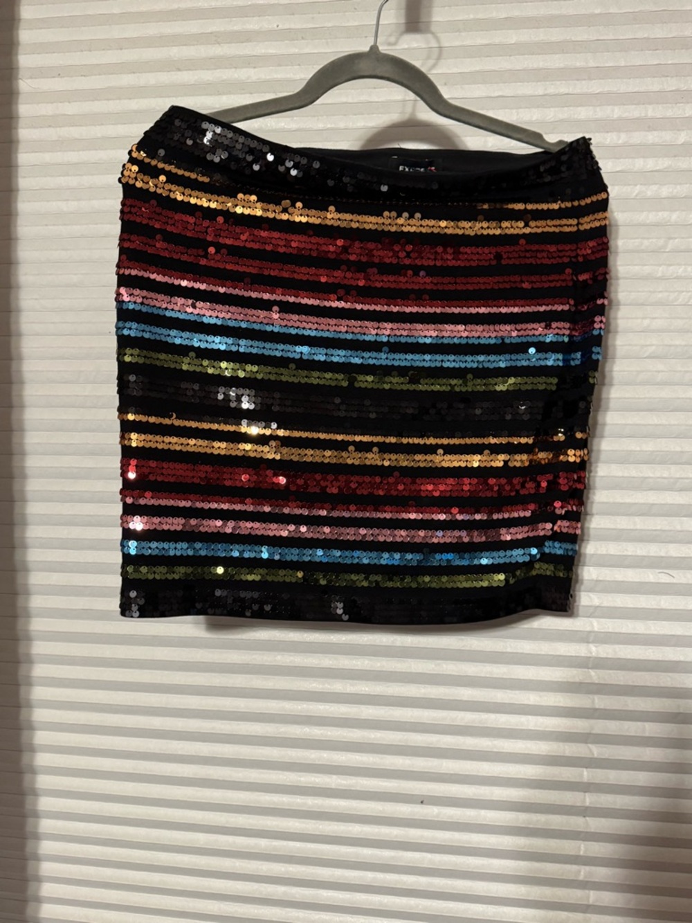 Express Black Rainbow Sequin Mini Skirt with Multicolor Stripe Sequins